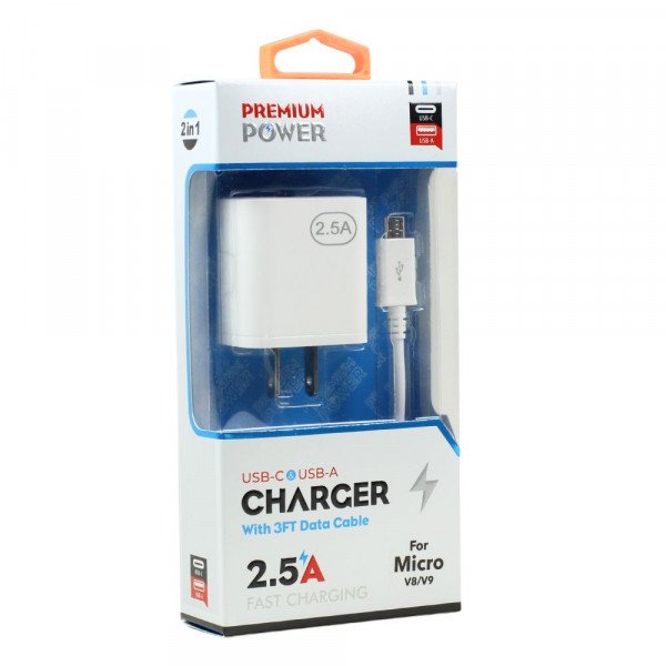 Wholesale Fast Charging 2-in-1 2.5A Dual Port USB-A and Type-C Wall Charger with 3FT USB to Micro V8V9 Cable for Universal Cell Phone, Device and More (White)